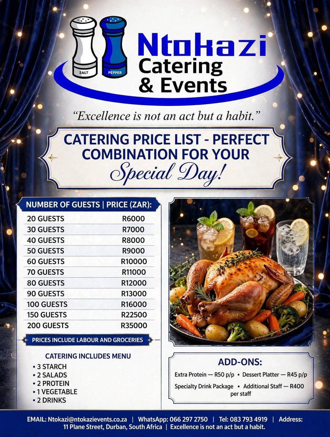 Ntokazi Catering price list for 20 to 200 guests